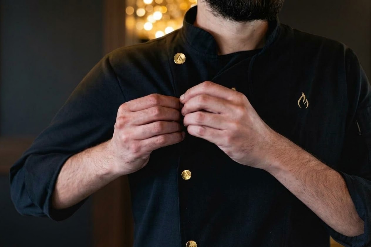 Un chef boutonnant sa veste de cuisine noire aux boutons dorés